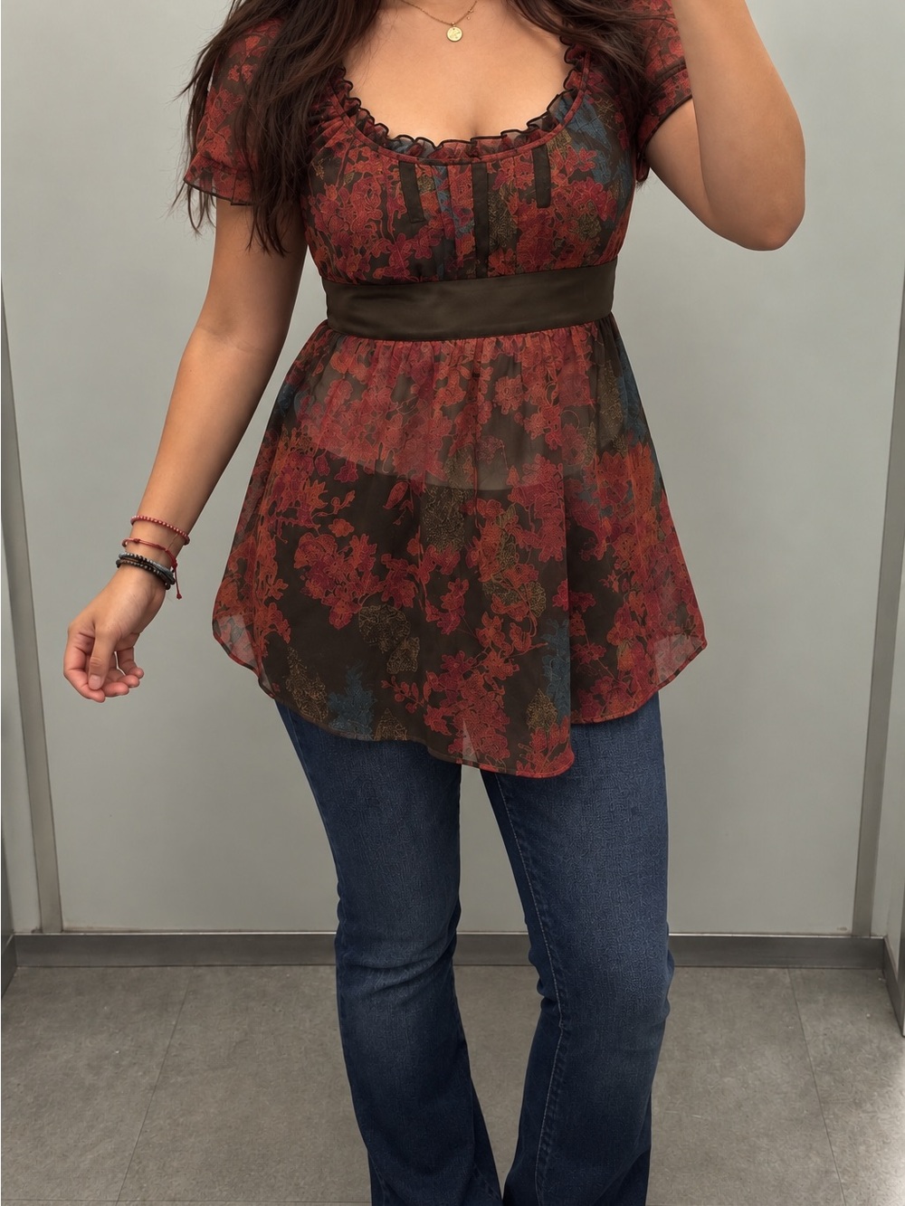 DKNY Y2K Sheer Floral Empire Waist Blouse Top